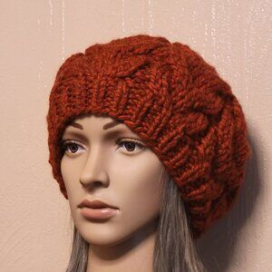 Wool Chunky Knit Beret, Oversized Beanie, Cable Knit Hat, Slouchy Beanie, Orange